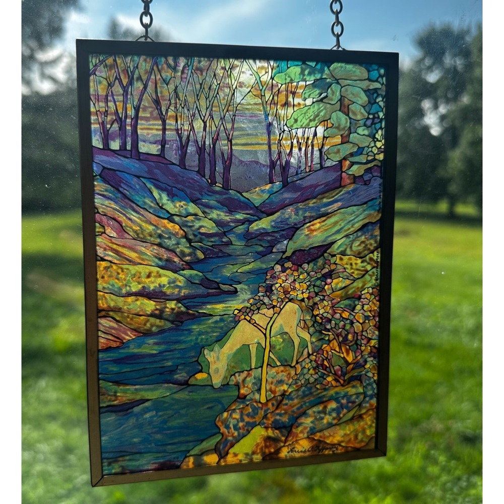 Vintage Glassmasters Louis C Tiffany Deer Fawn Stained Glass Window Suncatcher